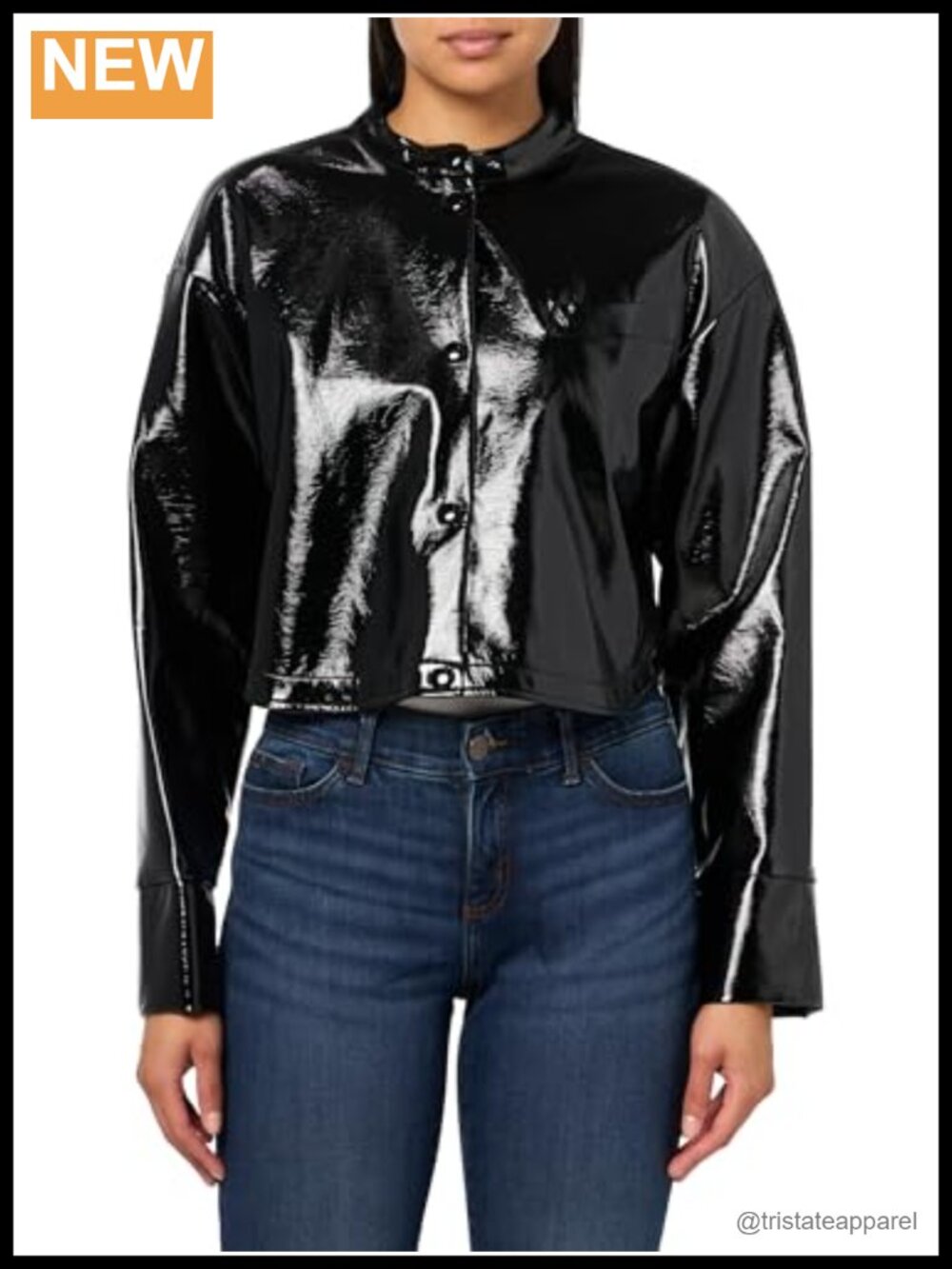 Cropped Shiny PU Jacket Button Front Long Sleeve